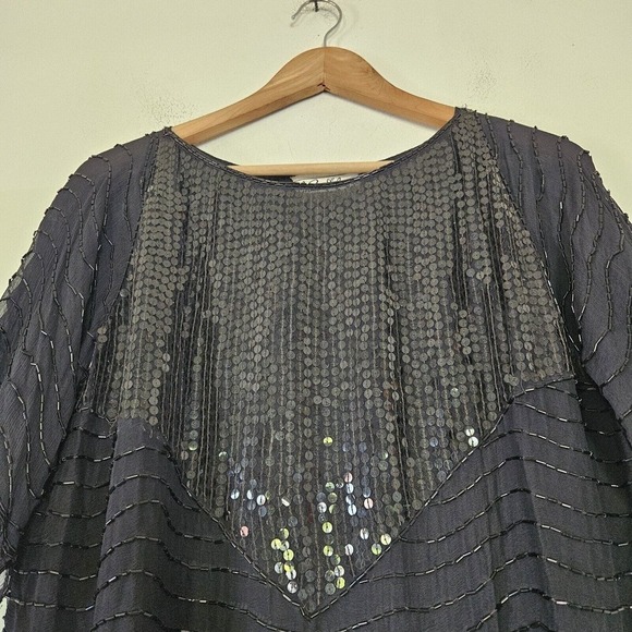 Vtg 80s Chanson D'Amour Beaded Sequin Top Size M Silk Cropped Black Whimsigoth - Picture 4 of 9